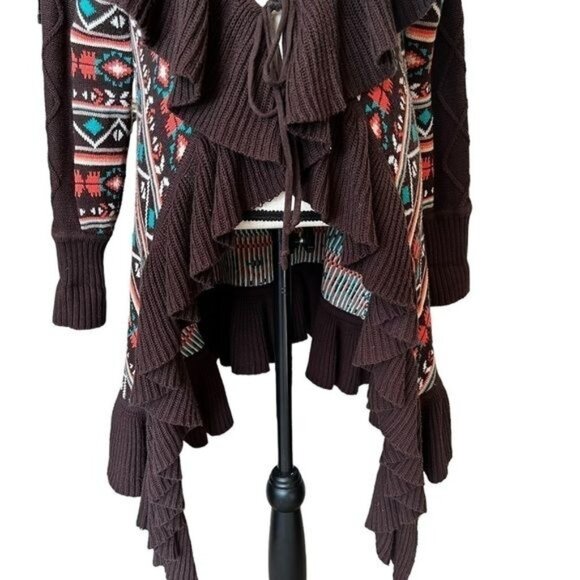 Powder River Outfitters Womens Ruffle Knit Cardigan Size L Brown Southwestern Pr - Picture 6 of 11